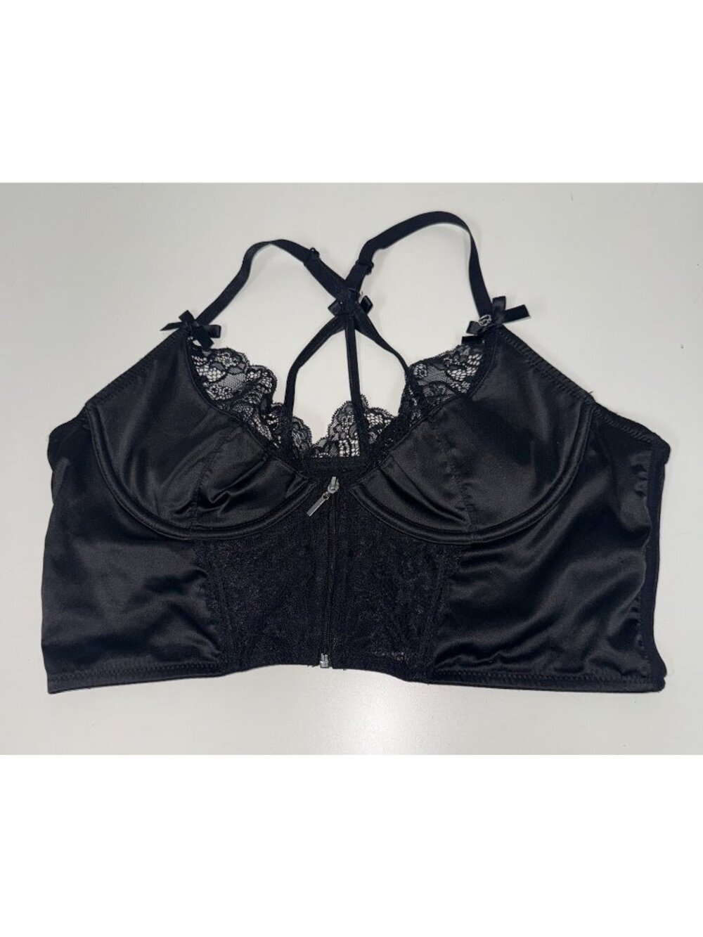Lovehoney Black Satin Longline Bra Zipper Front Lace Bustier Plus 3X 4X Strappy